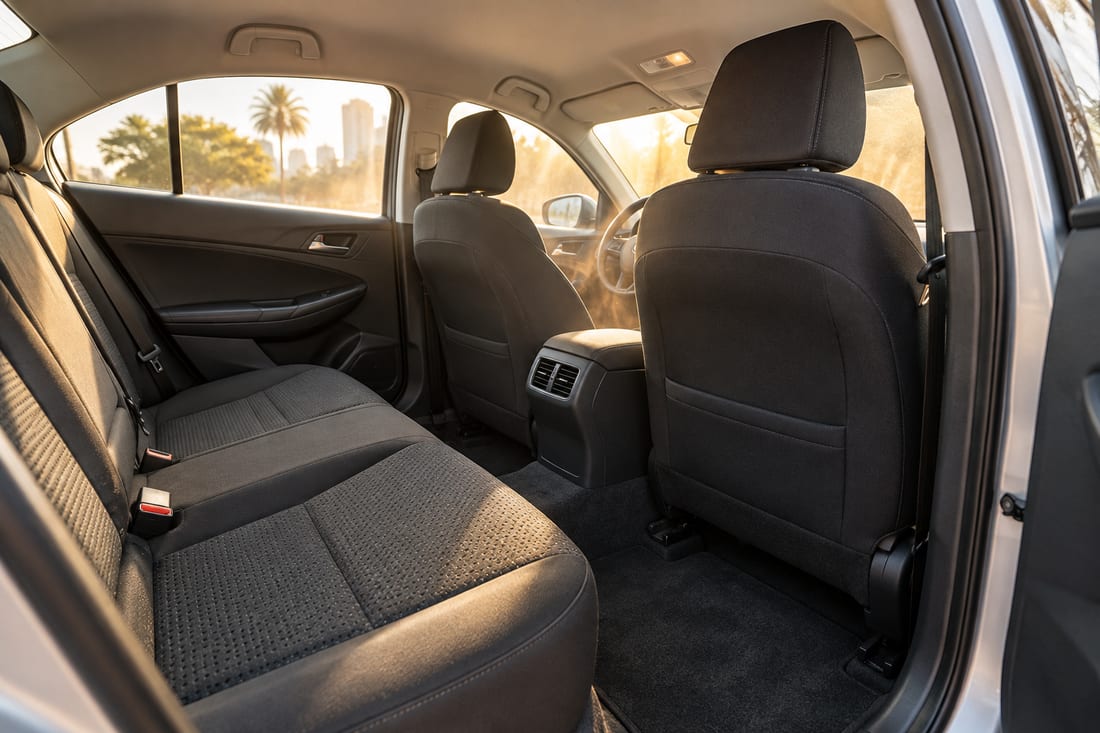 Interior traseiro de um carro com as portas abertas: banco de tecido escuro, encosto do banco dianteiro, forro do teto e carpete do assoalho no túnel central, com luz de fim de tarde entrando pelas janelas