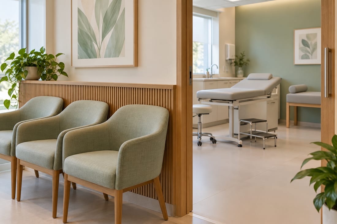 Sala de espera de consultório com três cadeiras estofadas em tecido verde alinhadas junto à parede ripada, e ao fundo, pela porta aberta, a sala de atendimento com maca estofada e banqueta